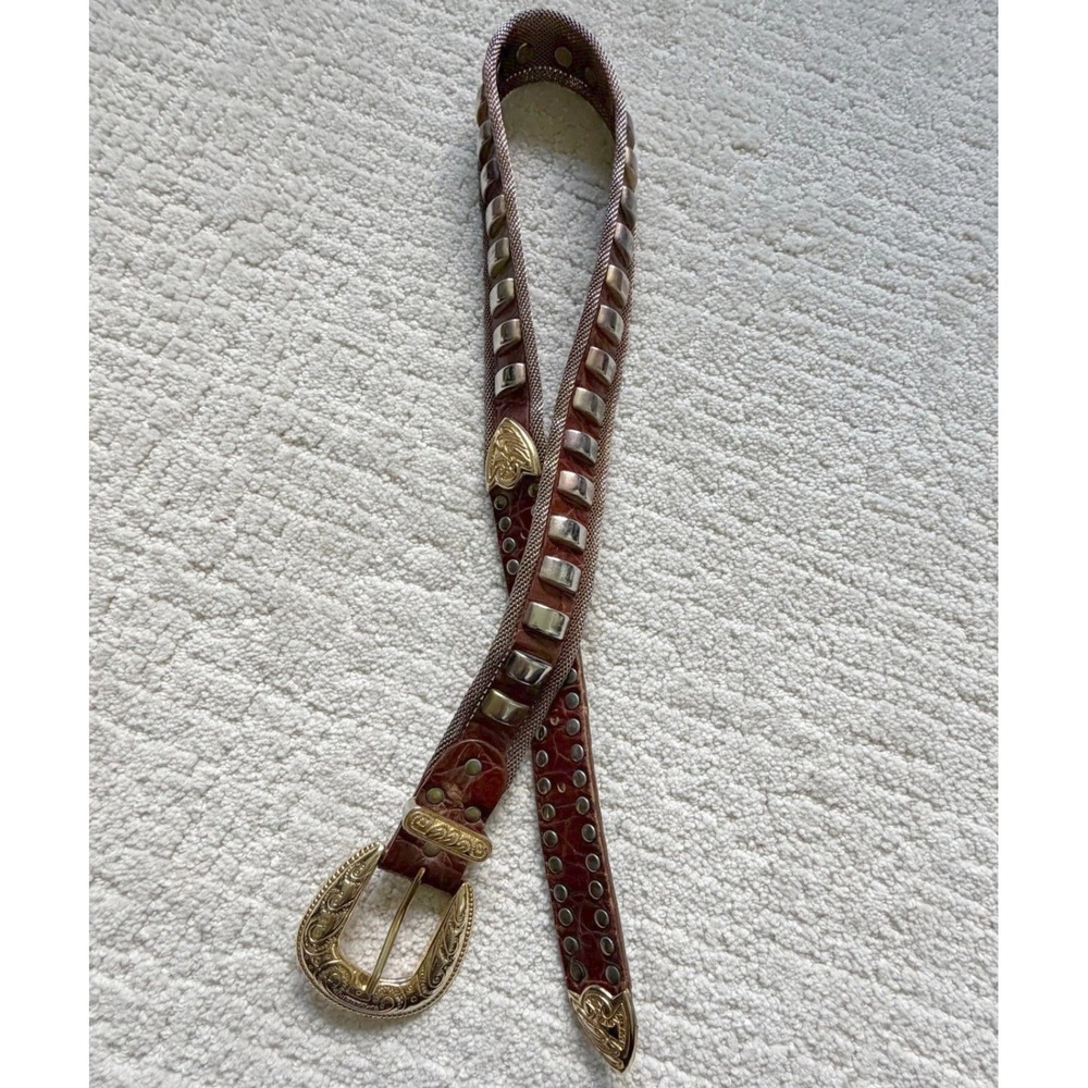 Vintage Brown Croc Leather Western Belt Brass Metal Mesh Studs Ornate Buckle 30" - Picture 5 of 13